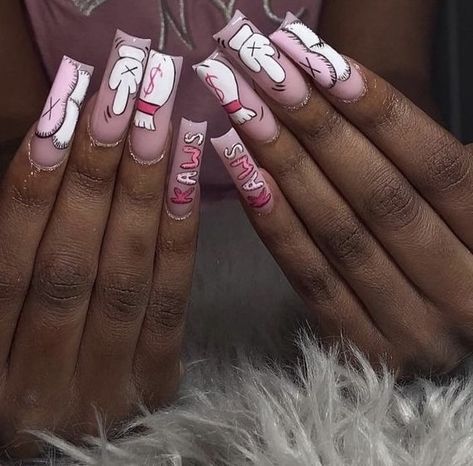 Kaws Nails Design Medium, Kaws Nail Designs, Kaws Nails Short, Kaw Nails, Kaws Nails, Pink Kaws, Acrylic Nails Pink, Spongebob Nails, Cartoon Nail Designs