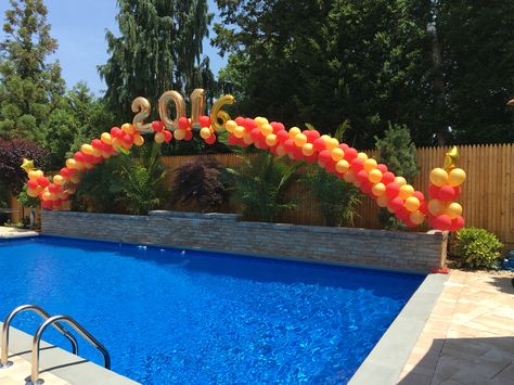 Graduation balloon arch over pool Balloon Arch Over Pool, High School Graduation Pool Party, Party Graduation Ideas, Pool Party Graduation, Graduation Balloon Arch, Graduation Pool Party, Balloon Graduation, Backyard Pool Parties, Arch Balloon