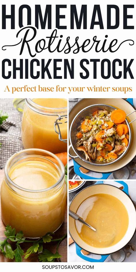 Create flavorful, budget-friendly chicken stock from scratch using leftover rotisserie chicken! This easy recipe transforms bones and simple veggies into a rich, savory base for your winter soups, stews, or rice dishes. Made from scratch, it's healthier and tastier than store-bought broths. Just simmer for a few hours to enjoy a homemade stock that’s freezer-friendly and perfect for meal prepping. #homemadestock #chickensoup Chicken Broth With Rotisserie Chicken, Chicken Soup Stock, Chicken Broth From Rotisserie Chicken, Rotisserie Chicken Stock, Using Leftover Rotisserie Chicken, Make Chicken Stock, Turkey Stock Recipe, Chicken Soup Recipes Homemade, Homemade Stock