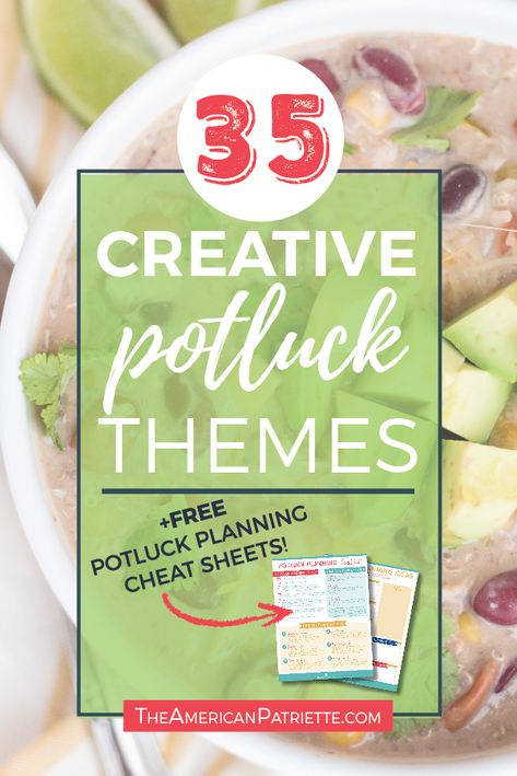 35 Creative Potluck Theme Ideas with free planning printables - get great inspiration for planning and hosting a fun potluck meal or casual dinner party! #dinnerparty #potluckthemes #potlucks #potluckideas #easyentertaining Office Potluck Themes, Dinner Party Themes Ideas, Potluck Theme Ideas, Potluck Ideas For Work, Potluck Themes, Potluck Dinner Party, Casual Dinner Party, Office Potluck, Work Potluck