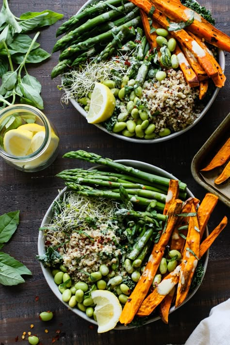 Sweet Potato Fries Seasoning, Asparagus Quinoa, Buddha Bowl Sauce, Sweet Potato Quinoa, Tahini Dressing Recipe, Buddha Bowls Recipe, Sweet Potato Fries Baked, Lemon Bowl, Lemon Tahini Dressing