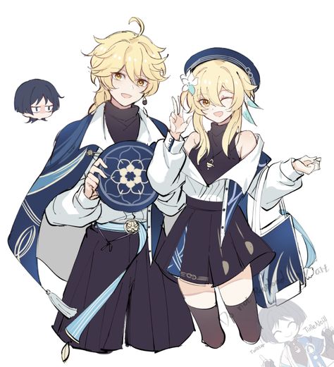 Chibi Lumine And Aether, Aether And Lumine, Aether Lumine, Anime Siblings, Wanderer Art, Anime Family, Dessin Adorable, Cute Little Drawings, Character Outfits