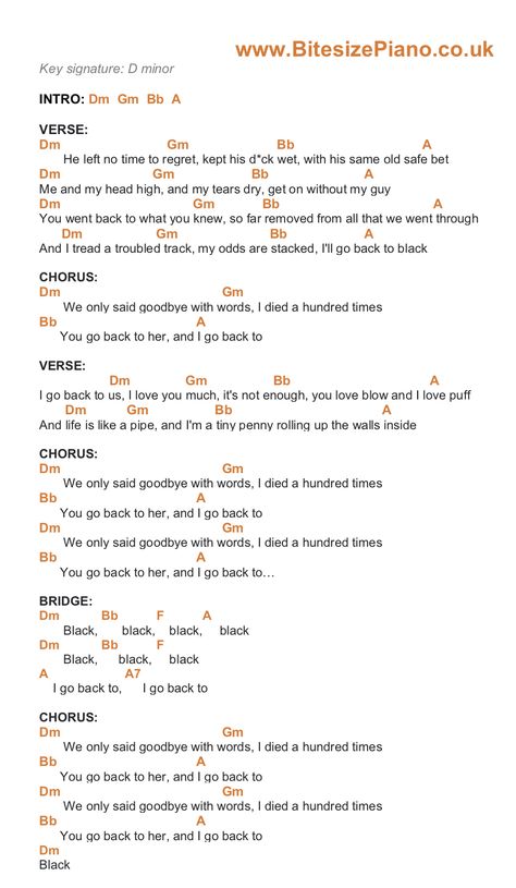 Piano chords and lyrics for Back To Black by Amy Winehouse. Includes piano tutorial - click for more! Ukelele Cord, Back To Black Lyrics, Back To Black Amy Winehouse, Amy Winehouse Lyrics, Adele Piano, Piano Songs Chords, Chords Piano, Easy Chords, Piano Sheet Music Letters