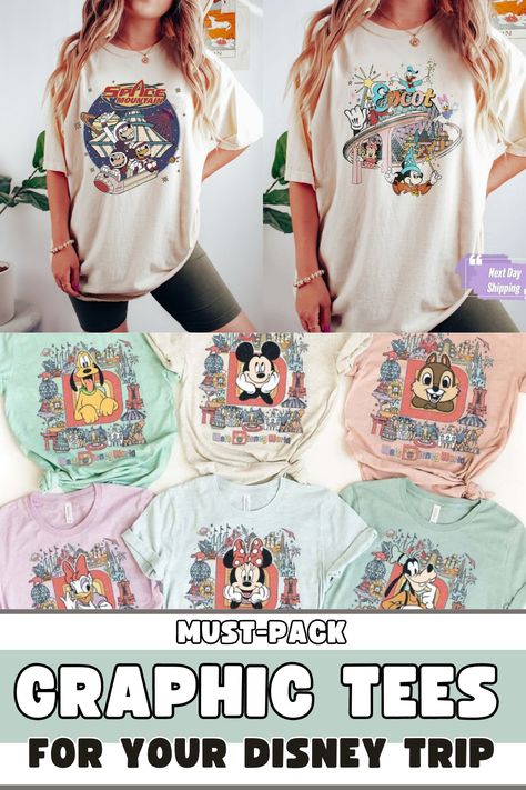 Get ready for your vacation with these gorgeous Disney Vintage Graphic Tees. From classic characters to retro designs, you’ll be Insta-ready for your trip! Vintage Disney Tshirt, Classic Characters, Vintage Graphic Tees, Disney Vintage, Space Mountain, Disney Tees, Disney Tips, Graphic Tees Vintage, Disney Shirt