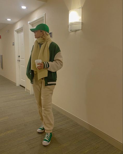 sporty chic outfit green letterman jacket converse joggers cap ny winter autumn fall cold weather outfit Green Letterman Jacket, Letterman Jacket Outfit, Ny Winter, Sporty Chic Outfits, Cold Weather Outfit, Letterman Jackets, Letterman Jacket, Chic Outfit, Sporty Chic