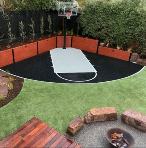 Backyard Court, Backyard Basketball Court, Home Basketball Court, Basketball Court Backyard, Backyard Basketball, Backyard Sports, Outdoor Basketball Court, Small Backyard Design Ideas, Indoor Basketball