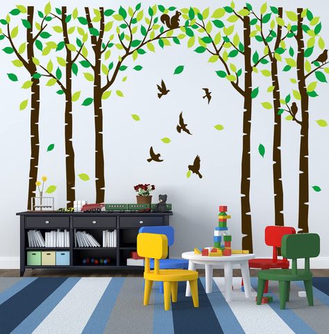 PRICES MAY VARY. Brown Tree Wall Decals with Light Green and Dark Green Leaves.Perfect Decoration for Baby and Kids Nursery room, interior walls or windows of home, playroom, office, dorm, or store Easy to apply simply peel to stick and can be removed without residues . Made of High-Quality Die-Cut Vinyl,Durability,Waterproof,General can keep 3-5 years , environmental protective, safe to use. Perfect Gift: Whether you are looking for your Baby bedroom decoration ideas, Birthday gifts, Festival G Birch Tree Wall, Birch Tree Wall Decal, Walls Color, Forest Wall Decals, Tree Wall Decals, Jungle Tree, Kids Room Wall Stickers, Classroom Wall Decor, Diy Living Room Decor