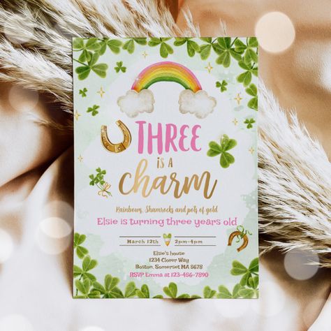 Three Is A Charm St Patrick's 3rd Birthday Party Invitation - tap/click to get yours right now! #Invitation #shamrock, #rainbow, #four #leaf #clover, Lucky One Party, 2nd Birthday Party, 2nd Birthday Invitations, Girl Birthday Themes, 4th Birthday Parties, Third Birthday, 3rd Birthday Parties, Four Leaf, Editing Software