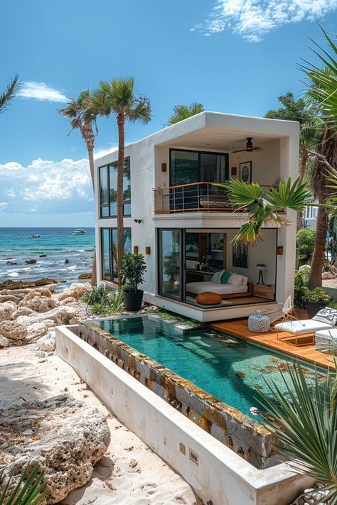 Tiny House World Small House On Beach, Modern House By The Beach, Tiny Beach Houses, Summer House Bedroom Ideas, Beach House Inspo Exterior, Tiny House Mansion, Small Modern House With Pool, Small Modern Beach House, Mediterranean Tiny House