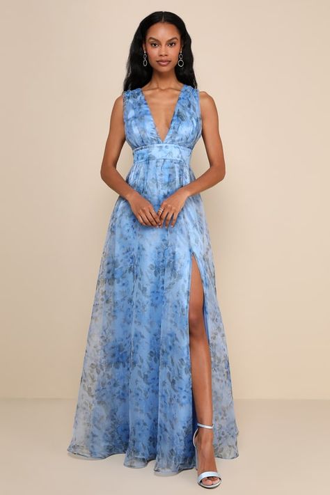 Blue Floor Length Dress, Organza Maxi Dress, Blue Wedding Guest Dresses, Patterned Bridesmaid Dresses, Formal Wedding Attire, Lulus Maxi Dress, Blue Floral Print Dress, Floral Bridesmaid Dresses, Dress Code Wedding