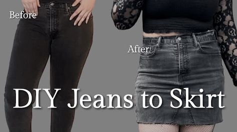 Black Levi’s jeans before. Black denim skirt after. DIY jeans to skirt. Diy Denim Skirt, Diy Old Jeans, Diy Denim, Stylish Skirts, Denim Diy, Upcycle Projects, Old Jeans, Clothing Design, How To Turn