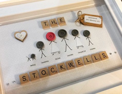 Cerise and Grey Stickman Family Button Family Scrabble Frame Box Frame Scrabble Letter Crafts, Scrabble Tile Art, Scrabble Art Frame, Letter Frame, Button Family, Scrabble Tile Crafts, Scrabble Crafts, Family Frame, Scrabble Frame