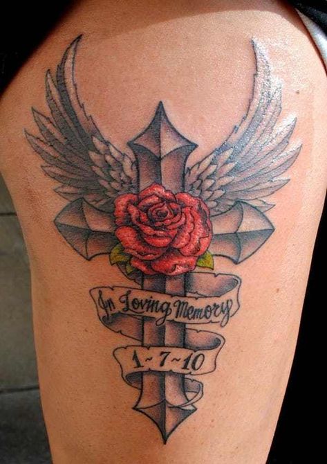 Rose Cross Memorial Tattoo is listed (or ranked) 5 on the list Lovely Ideas for Memorial Tattoos Cross With Wings Tattoo, Memorial Tattoo Designs, Memory Tattoos, Cross With Wings, Rip Tattoo, Cross Tattoos For Women, Remembrance Tattoos, Cross Tattoo For Men, Wing Tattoo Designs