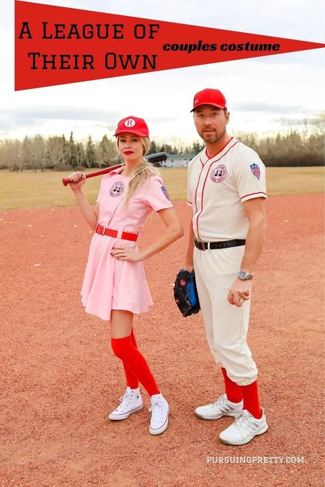 A League of Their Own couples costume. Jimmy and Dottie, Tom Hanks and Geena Davis - Halloween costume ideas - Baseball uniform costumes- couple costumes that are a total hit! #halloween #halloweencostumes #costumeideas League Of Their Own Costume Family, Tom Hanks Halloween Costume, Tom Hanks Costume, Baseball Couples, Baseball Costumes, Canadian Lifestyle, Golf Theme Party, Rockford Peaches, Cosplay Couple