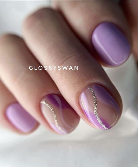 Lilac Biab Nails, Nail Designs Purple Lavender, Light Purple Nails With Glitter, Lila Nail Art, Purple Manicure Ideas, Short Purple Nail Ideas, Purple Shellac Nails, Short Nails Purple, Short Purple Nails