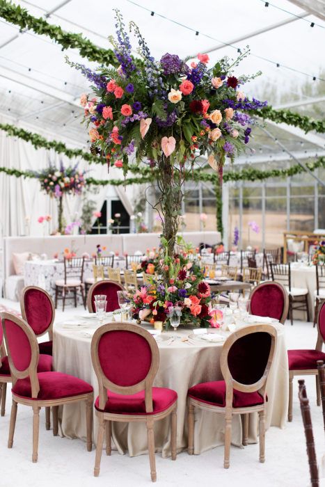 Katie Jones and John Templeton Wed in Dreamy Day, Filled with Whimsical Touches Jewel Tone Wedding Flowers, Purple Wedding Tables, Katie Jones, Tented Wedding Reception, Table Centerpieces Wedding, Elegant Wedding Decor, Table Decor Wedding, Clear Tent, Tall Wedding Centerpieces