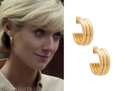 The Crown: Season 6 Episode 2 Princess Diana's Gold Triple Hoop Earrings Check more at https://www.shopyourtv.com/the-crown-season-6-episode-2-princess-dianas-gold-triple-hoop-earrings/ Princess Diana Earrings, Princess Diana Jewelry, The Crown Season, Vogue Jewelry, 2 Princess, Escape The Night, Regency Era Fashion, Triple Hoop Earrings, Era Fashion