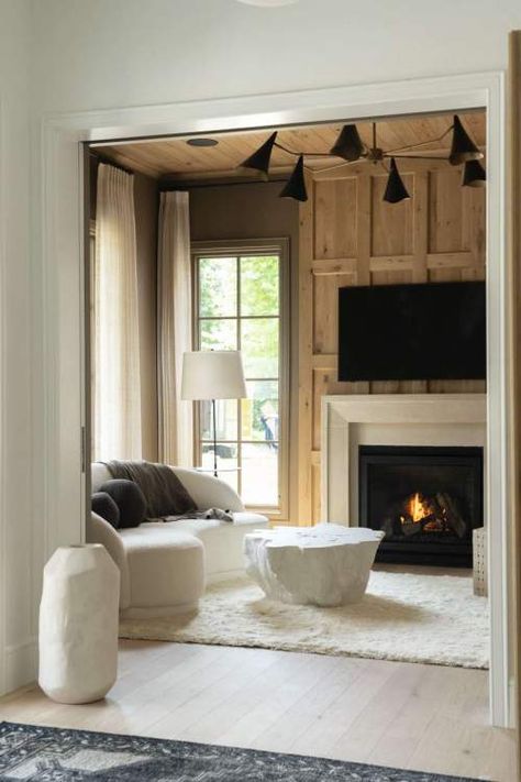 Bespoke Organic - City Homes/Edina and Minneapolis Area Custom Home Builder Small Den With Fireplace, Wood Beam Family Room, Becki Owens Living Rooms Fireplace, Jenni Kayne Fireplace, Jenni Kayne Ranch House, Formsl Living Froom Fireplace, Mantel Styling, Modern Chalet, Organic Living Room