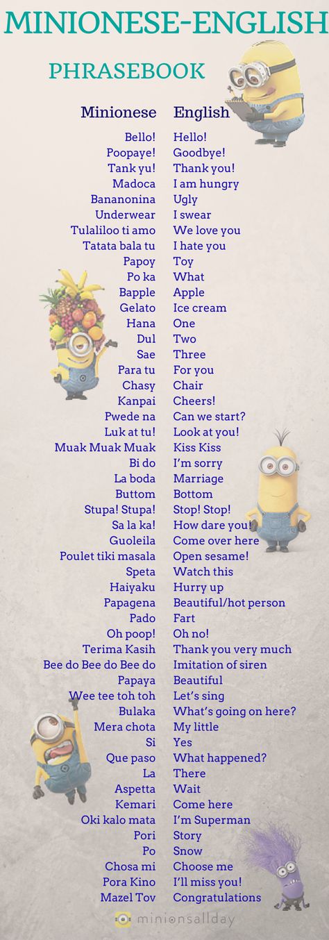 Found: MINIONESE - ENGLISH PHRASEBOOK Infographic Minions Pics, Humor Disney, Bahasa Jepun, Funny Minion Memes, Minion Pictures, Minion Jokes, Minions Love, Funny Minion Quotes, Minion Quotes