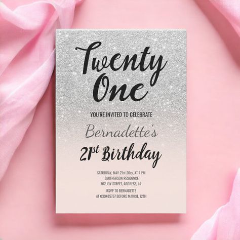 $2.92 | Faux silver glitter ombre 21st Birthday | Birthday Invitations | elegant, brush hand lettering, 21st birthday, twenty one, modern birthday party, typography, blush pink, ombre, faux silver glitter, silver typography Silver Typography, 21st Invitations, Modern Birthday Party, Rosé Birthday, 21st Birthday Invitations, Modern Birthday, Glitter Invitations, Birthday Party 21, Aesthetic Love