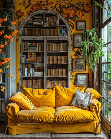 Home Library Design Cozy, Chaotic Room Aesthetic, Library Rooms, Room Decor Tips, Living Room Decor Tips, Digital Mixed Media, Home Library Rooms, Yellow Cottage, Chic Interior Design