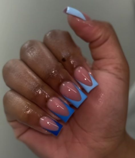 Blue French Tip Nails Different Shades, Short Acrylic Nails Blue Design, Shades Of Blue French Tip Nails, Blue Tips Nails Acrylic, Nails Acrylic Blue French Tips, Nail Ideas Blue And Black, Blue Acrylic Nails Coffin, Blue Nails Ideas, Blue French Tip Nails