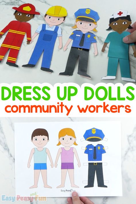 Community Workers Dress Up Dolls - Easy Peasy and Fun Dress Up Activities For Kids, Community Workers Crafts For Toddlers, Clothes Theme Preschool Activities, Dress Up Dolls Printable, Jobs Activities For Kids, Community Helpers Crafts, Clothes Study, Community Helpers Worksheets, Community Jobs