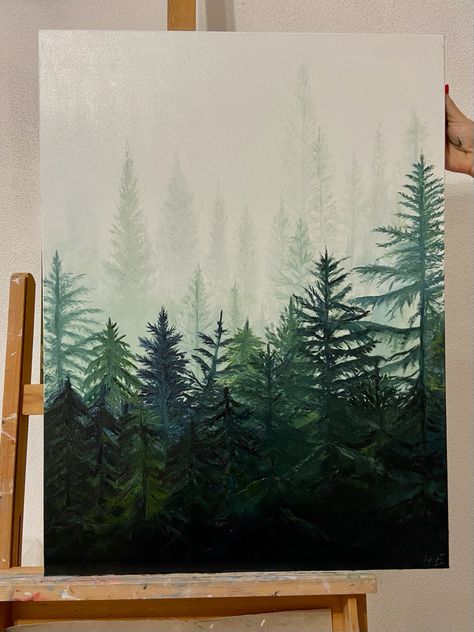 Pine Tree Painting Acrylic Easy, Tree Line Painting, Dark Forest Acrylic Painting, Pine Tree Painting Easy, Dark Forest Painting Acrylic Easy, Easy Forest Painting, Forest Painting Acrylic Easy, Obraz Diy, Evergreen Tree Painting