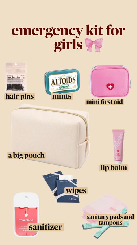 essentials kit for girls for school, work, hike, etc. sanitary pads, sanitizer, wipes, lip balm, mints Emergency Kit For Girls, Mini Emergency Kit, Healthy Period, Period Hacks, Mint Hair, Mini One, Sanitary Pads, Emergency Kit, School Work