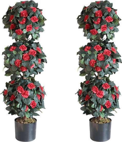 Amazon.com - Damomo Outdoor Artificial Topiary Roses Flower Ball Tree 3ft, Lifelike Faux Silk Flowers Two Ball Tree 2 Packs, Fake Topiaries Green Plants Decorative Indoor Porch or Garden (35inch) Tree With Red Flowers, Flower Topiary, Boxwood Tree, Indoor Porch, Plant Outdoor, Artificial Topiary, Potted Plants Outdoor, Boxwood Topiary, Artificial Boxwood