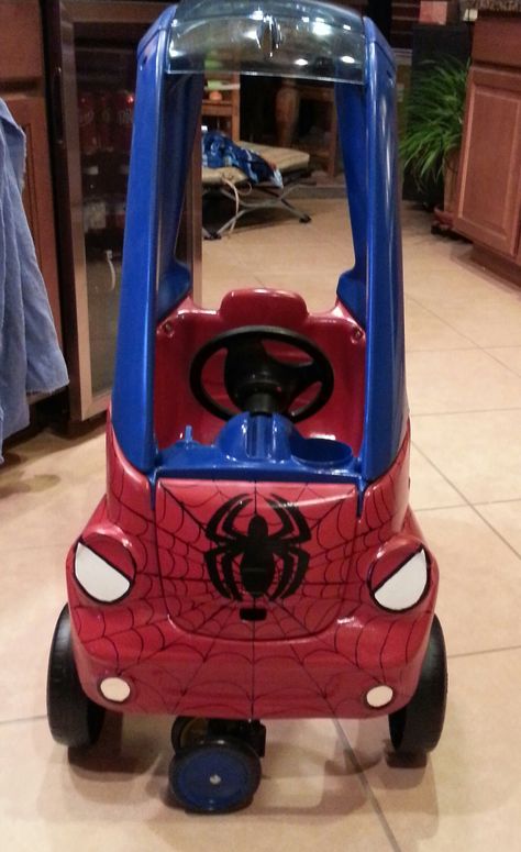 Spider man coupe. my daughter and myself sanded & painted  and embellished. Spider-man Car, Cozy Coupe Makeover, Spiderman Car, Christmas Presents For Kids, Kids Toy Shop, Kids Toys For Boys, Toy Cars For Kids, Whimsical Halloween