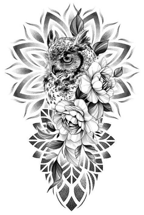 Lioness Mandala Tattoo, Owl Flower Tattoo, Owl With Flowers Tattoo, Owl And Flower Tattoo, Owl Tattoo Stencil, Animal Mandala Tattoo, Big Cover Up Tattoos, Owl Thigh Tattoos, Floral Skull Tattoos