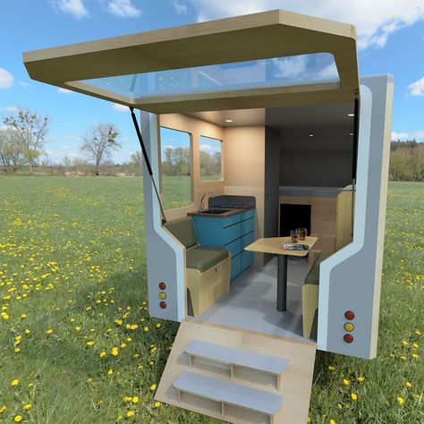 Watch this camper expand into a two story tiny house powered by solar panels! – Yanko Design Two Story Tiny House, Cabin Designs, Tiny Home On Wheels, Flatbed Truck, Tiny Camper, Home On Wheels, Cool Campers, Sleeping Loft, Open Space Living