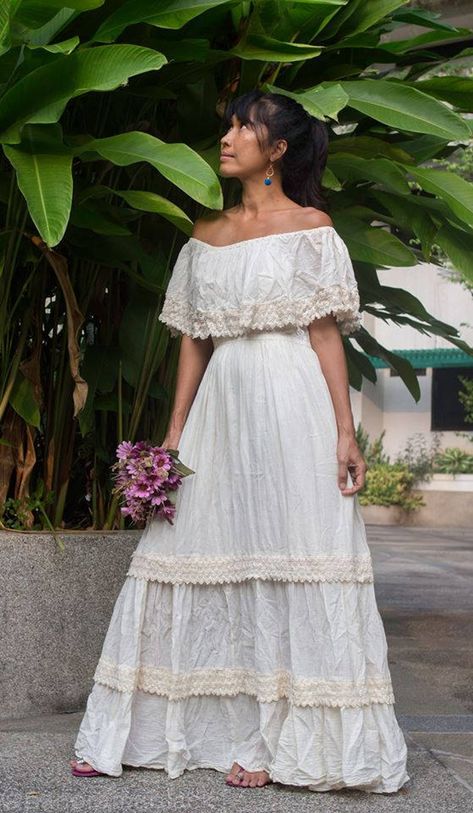 Mexican/Spanish Style Off-white Romantic Boho Maxi Dress. | Etsy Hispanic Wedding, Spanish Style Wedding, Wedding Outfit Ideas, Boho Photoshoot, Traditional Mexican Dress, Mexican Wedding Dress, Romantic Maxi Dress, Making A Wedding Dress, Mexican Spanish