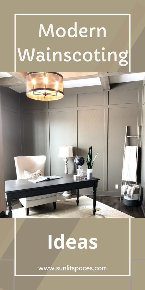 Large Wainscoting Wall, Wainscoting Ideas Open Floor Plan, Wainscoting Sloped Ceiling, Dark Wainscoting Light Walls, Wainscoting In Office, Wainscoting High Ceiling Living Room, Craftsman Wainscoting Ideas, Wainscoting Under Window, Transitional Wainscoting Ideas