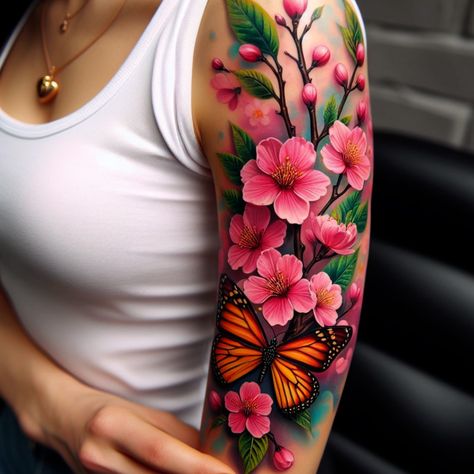 Explore stunning cherry blossom tattoos that symbolize beauty, life, and renewal. Perfect for nature lovers and art enthusiasts! 🌼🍃 #tattoo_art #tattoo_sketch #tattoo #tattoo_for_woman #tattoo_ideas #tattoo_for_man Tatuajes Full Color, Butterfly Cherry Blossom Tattoo, 3d Butterfly Tattoo With Flowers, Butterfly Flower Tattoo Color, Colorful Butterfly Tattoo With Flowers, Butterflies And Cherry Blossom Tattoo, Rare Tattoos, Flower Tattoo Shoulder, Upper Arm Tattoos