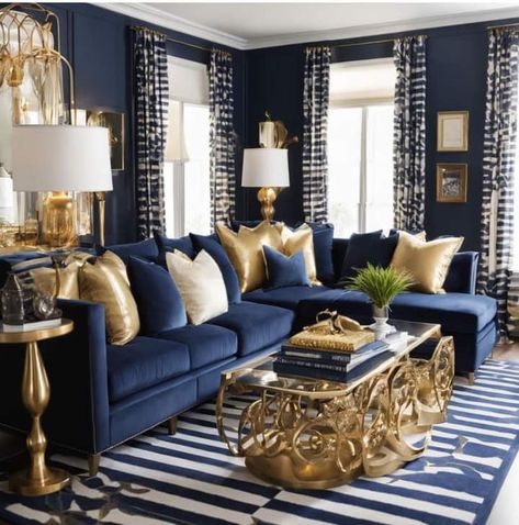 Blue Gold Home Decor, Blue White And Gold Living Room, Navy Blue Couch Living Room Ideas, Navy Blue And Gold Living Room, Gold Apartment Decor, Navy Blue And Grey Living Room, Blue And Grey Living Room, Blue And Gold Living Room, Grey Living Room Ideas