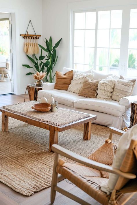 Neutral boho living room with white sectional, textured throw pillows, and jute rug Neutral Sofa Living Room Bohemian, Cream Couch Boho Living Room, Boho Sofa Ideas, Rattan Furniture Living Room Boho, Boho White Couch, Cloud Couch Living Room Decor Bohemian, Boho Chic House Decor, Small Boho Living Room Ideas, Boho Small Living Room