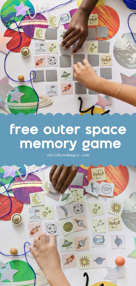 Outer Space Memory Game - Free Printable for Kids - Childhood Magic Space Memory Game, Memory Match Game, Free Activities For Kids, Adventure Club, Out Of Space, Memory Game, Club Ideas, Cards For Kids, Matching Cards