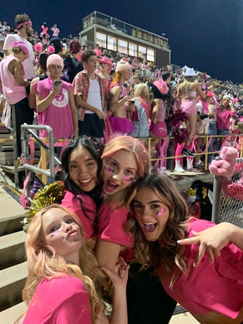 Pink School Spirit Day, Pink Out Outfits Football Game, Pink Out School Outfits, Senior Year Spirit Week, Back To School Fall Aesthetic, Pink Out Fb Game, High School Game Themes, High School Popular Aesthetic, Pink Out Spirit Day