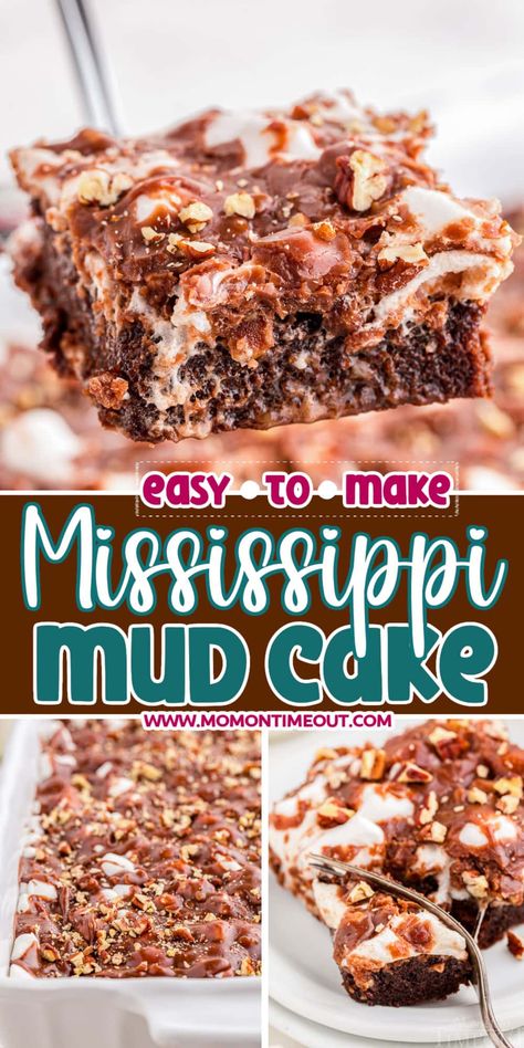 This Mississippi Mud Cake is rich and decadent with layers of moist chocolate cake, gooey marshmallows and a thick, fudgy chocolate pecan frosting. This easy chocolate cake recipe is perfect for special occasions, holidays, potlucks and more! Sure to be a new favorite! | MomOnTimeout.com Mud Cake Recipe, Rocky Road Cake, Road Cake, Mississippi Mud Cake, Mud Cake Recipes, Mississippi Mud, Decadent Chocolate Cake, Mud Cake, Dessert Cake Recipes