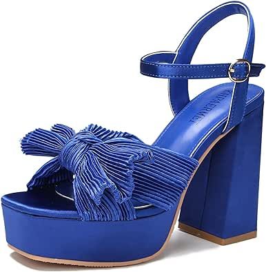 KHPAERMEI Bow Knot Platform Heels for Women Fashion Open Toe Chunky Heeled Sandals Ankle Strap Wedding Party Dress High Heels Platform Shoes Heels, Blue Wedding Shoes, Floral Heels, Chunky Heel Pumps, Ankle Shoes, Wedding Party Dress, Platform Block Heels, Bow Sandals, Heels For Women