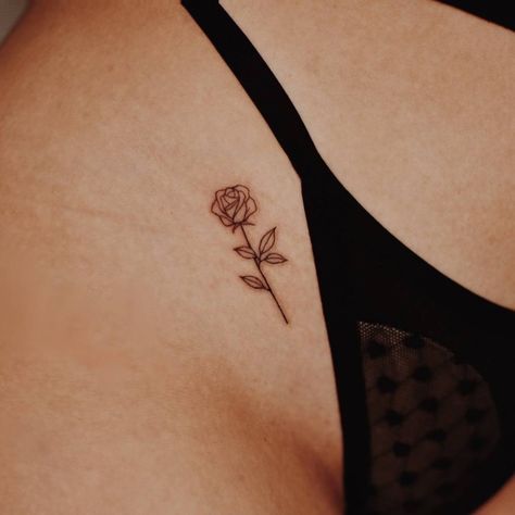 Rose Tattoo On Pelvis, Small Pelvis Tattoos Women, Tattoos On Pelvis For Women, Tattoo Ideas Female Pelvis, Small Rose Tattoo On Hip, Small Pelvis Tattoo, Women Pelvic Tattoo, Fine Rose Tattoo, Small Rose Hip Tattoo