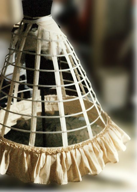 Cage crinoline made with tape and steel - with a interesting ruffle around the bottom Cage Crinoline, Janet Arnold, Cage Skirt, Corset Making, Fashion Innovation, Costume Carnaval, Куклы American Girl, Hoop Skirt, Design Moda