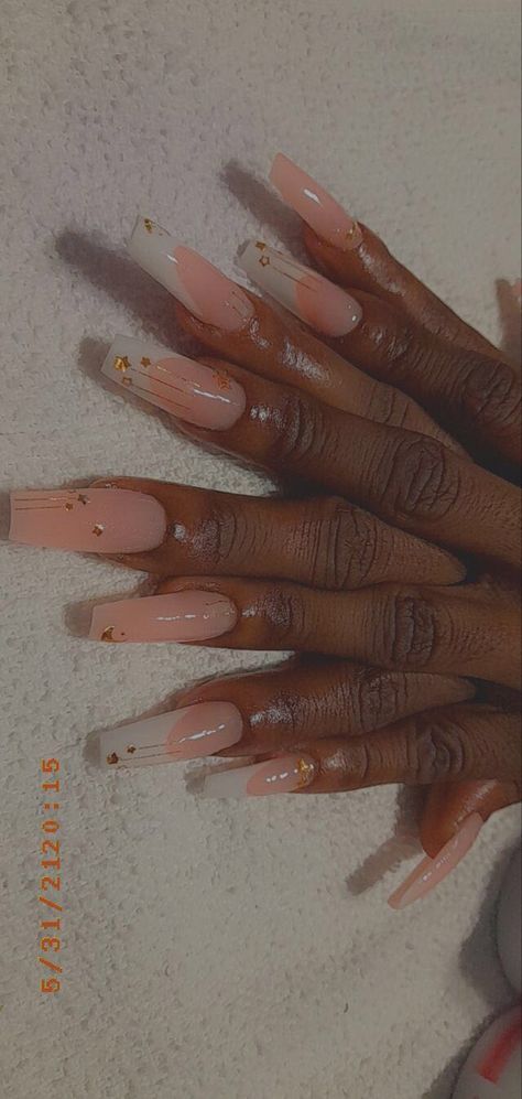 Acrylic Nail Designs Stars And Moon, Rose Gold Star Nails, Gold Star Nails Acrylic, Moon And Star Nails Acrylic Coffin, Star And Moon Nails, Moon And Star Nails, Moon Ans Stars Nails, Prom Nails Silver, French Acrylic Nails