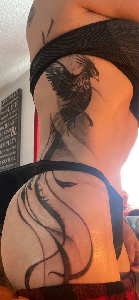 Back Tats Women Dragon, Beautiful Pheonix Tattoo For Women, Tattoo Words Ideas Unique, Thigh And Side Tattoo, Hip Phoenix Tattoo, Cool Side Tattoos For Women, Side Phoenix Tattoos Women, Cool Masks Designs Ideas Drawing, Side And Hip Tattoos