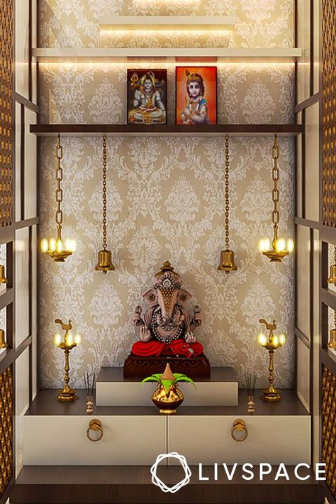 Pooja Room Back Panel Design, Temple Pooja Room, Pooja Room Wallpaper Design, Wallpaper For Puja Room, Wallpaper For Temple Wall, Morden Mandir Ideas, Puja Room Back Wall Design, Wallpaper For Mandir Wall, Pooja Room Back Wall Designs