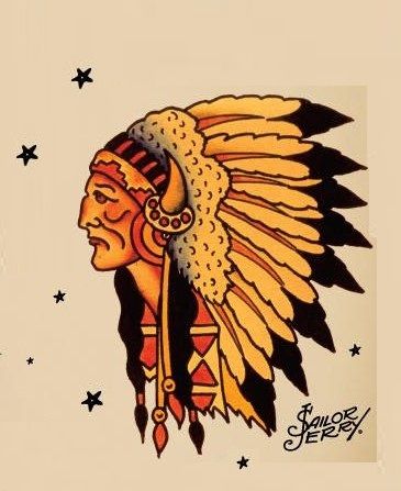 Chief with Headress/Bonnet - Sailor Jerry Tat Sailor Jerry Chest Tattoo, Traditional Chief Tattoo, American Traditional Indian Chief Tattoo, Native American Tattoo Flash, Native American Tattoos For Men, American Tattoos For Men, Indian Chief Tattoo, Chief Tattoo, Traditional Sailor Tattoos