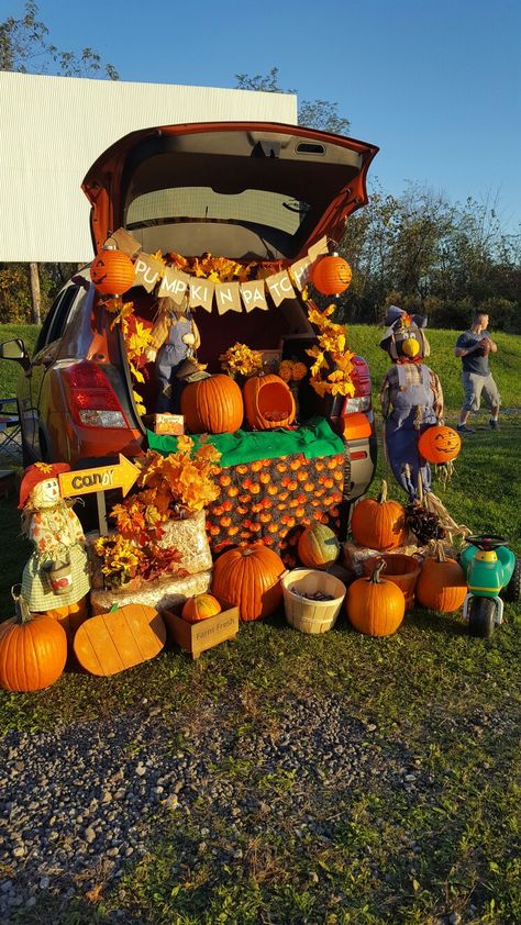 Trunk or Treat Pumpkin Patch Trunk Or Treat Harvest Theme, Trunk Or Treat Ideas For Cars Fall Theme, Pumpkin Patch Trick Or Trunk, Fall Harvest Trunk Or Treat Ideas, Pumpkin Themed Trunk Or Treat, Apple Orchard Trunk Or Treat, Scare Crow Trunk Or Treat, Pumpkin Patch Themed Trunk Or Treat, Trunk Or Treat Fall Theme