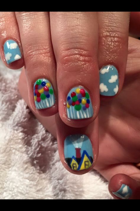 Disney Up Themed Nails, Up Nails Pixar, Pixar Up Nails, Balloon Nails, Pixar Nails, Disney Themed Nails, Anniversary Nails, Up The Movie, Disney Pixar Up